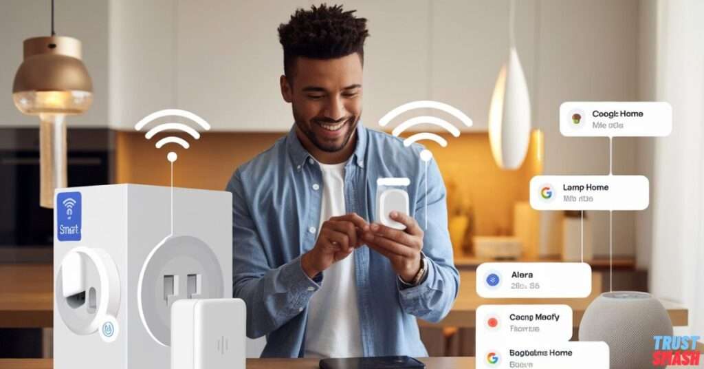 beginner smart plugs setup in a modern smart home with mobile app and voice assistants