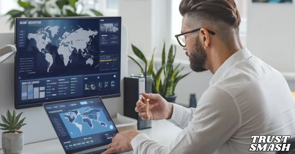 Modern travel agent researching the best host travel agency in 2025 on a laptop.