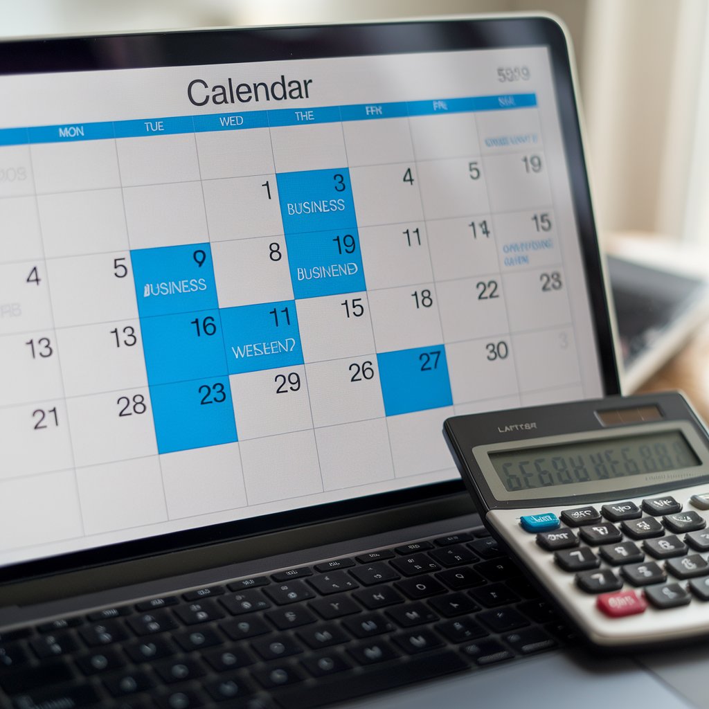 Calendar and calculator showing how to count business days.