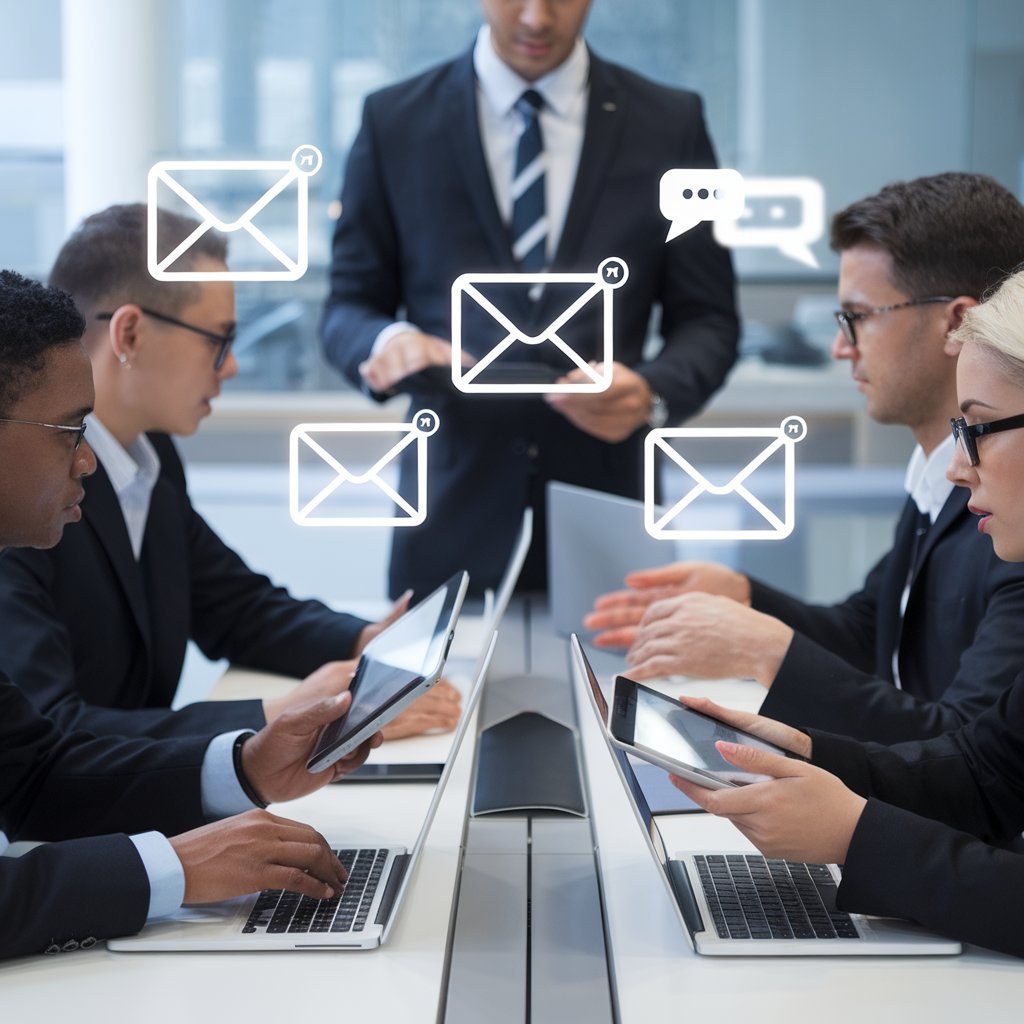 Professionals in a modern office discussing emails and communication to explain business inquiries meaning.