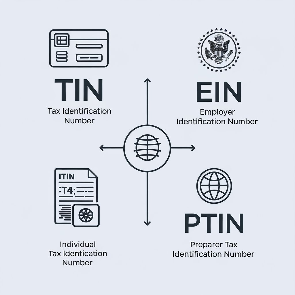 Infographic of TIN, EIN, ITIN, and PTIN tax identification numbers.