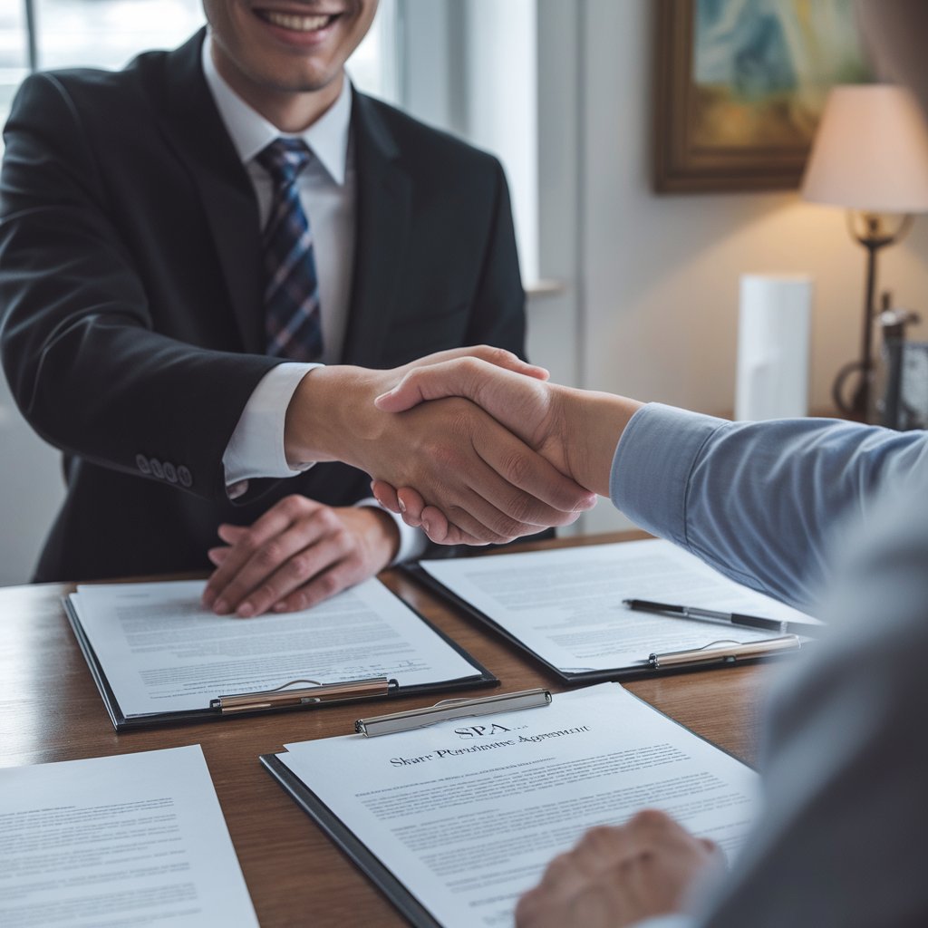 Lawyer and business owner shaking hands after signing SPA contract