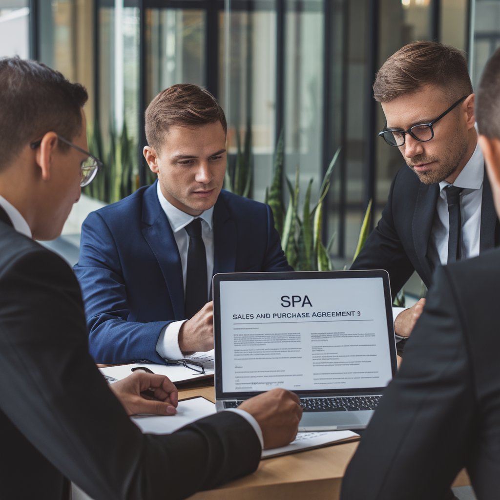 Business executives reviewing Sales and Purchase Agreement in a corporate meeting