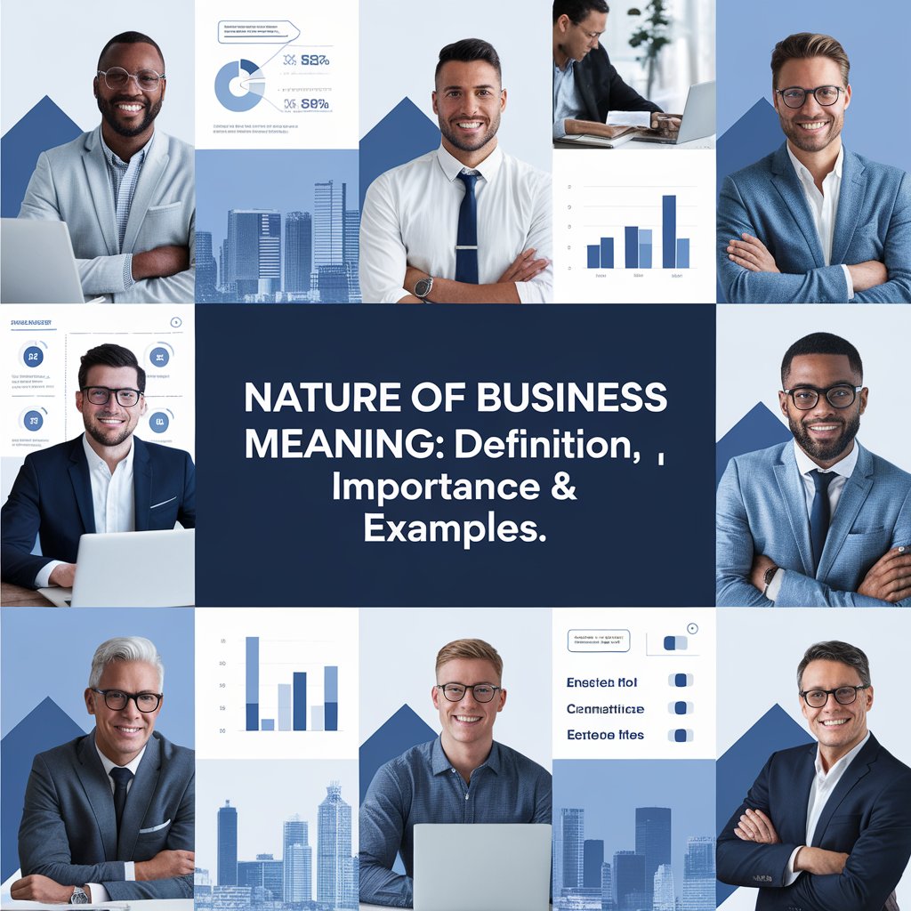 Feature image showing American business theme with entrepreneurs and charts for nature of business meaning.