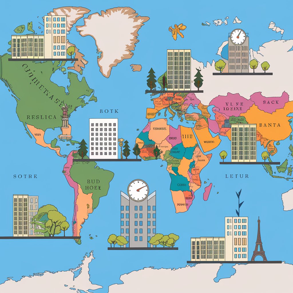 Illustration of business hours worldwide with time zone clocks.