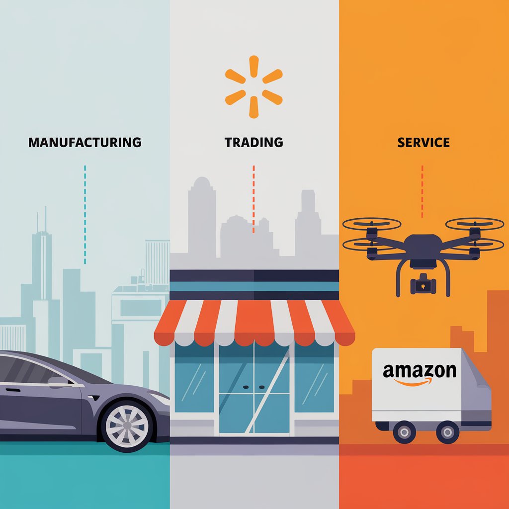 Chart showing different types of nature of business with U.S. company examples.