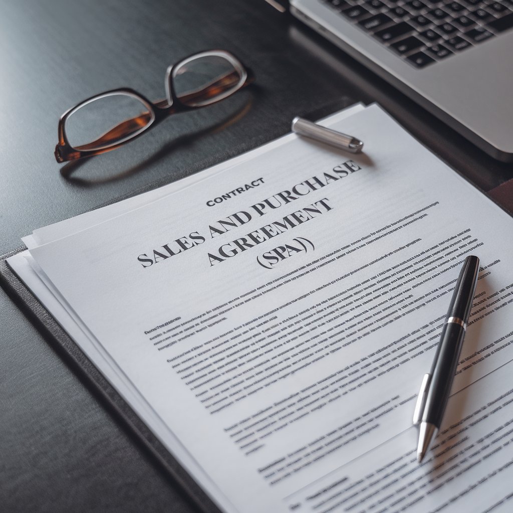Sales and Purchase Agreement contract on a desk with pen and glasses