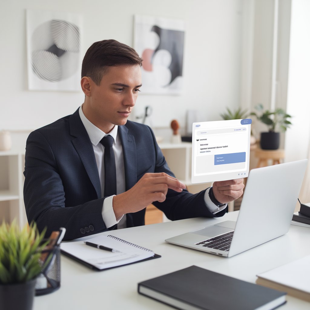 Professional reading an email titled business inquiry at an office desk.