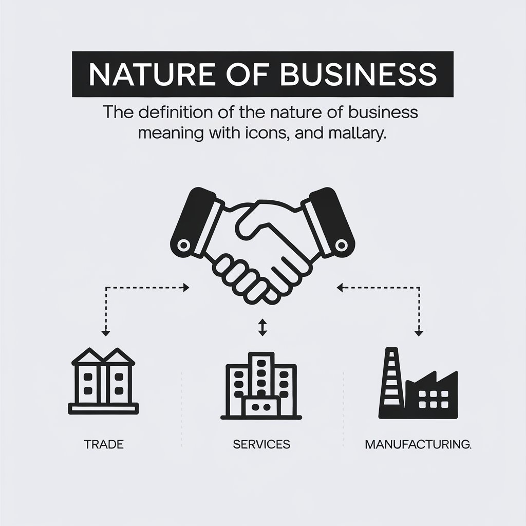 Infographic explaining the definition of nature of business meaning with examples.