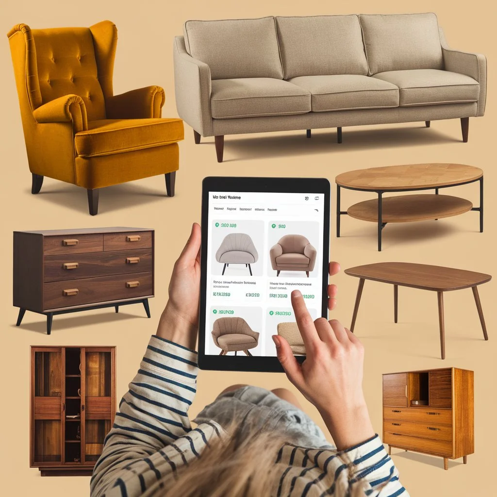 Person learning how to price used furniture using online valuation guide and market research tools.