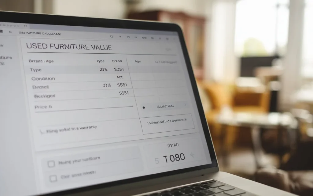 Person using used furniture value calculator to estimate fair market value and resale price online