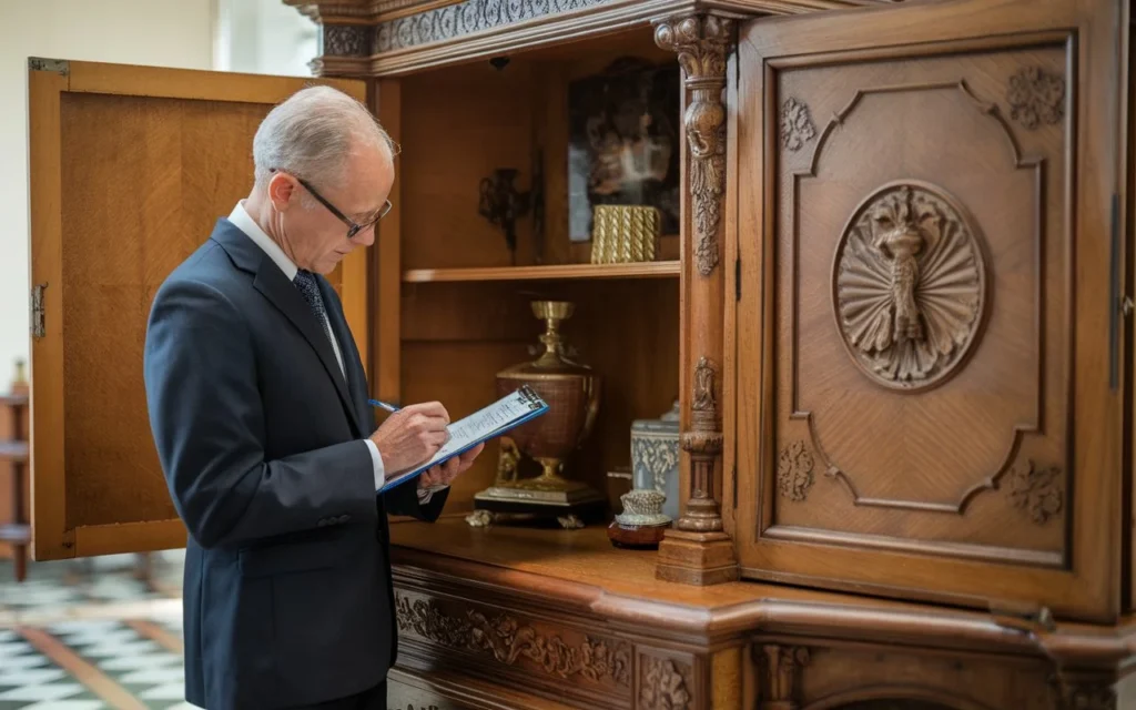Professional furniture appraisal expert evaluating antique furniture for accurate valuation report
