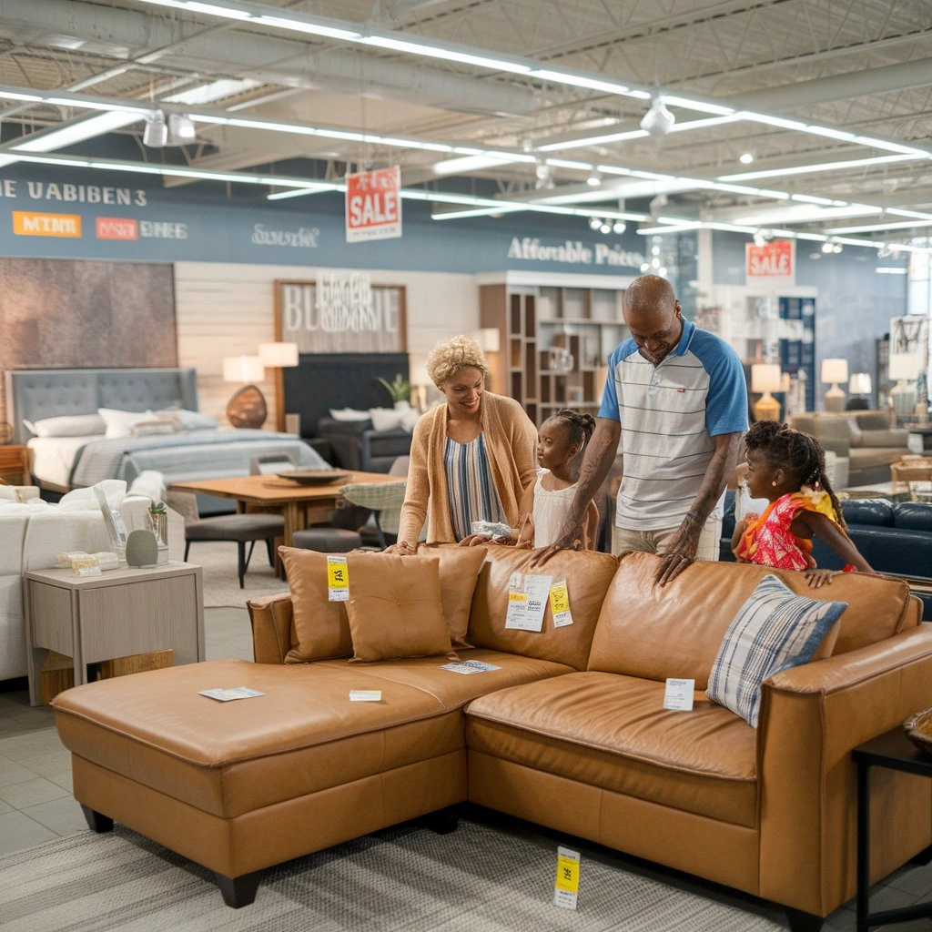 Affordable family furniture store in Texas showing budget-friendly sofas, bedroom sets and dining furniture with happy customers shopping