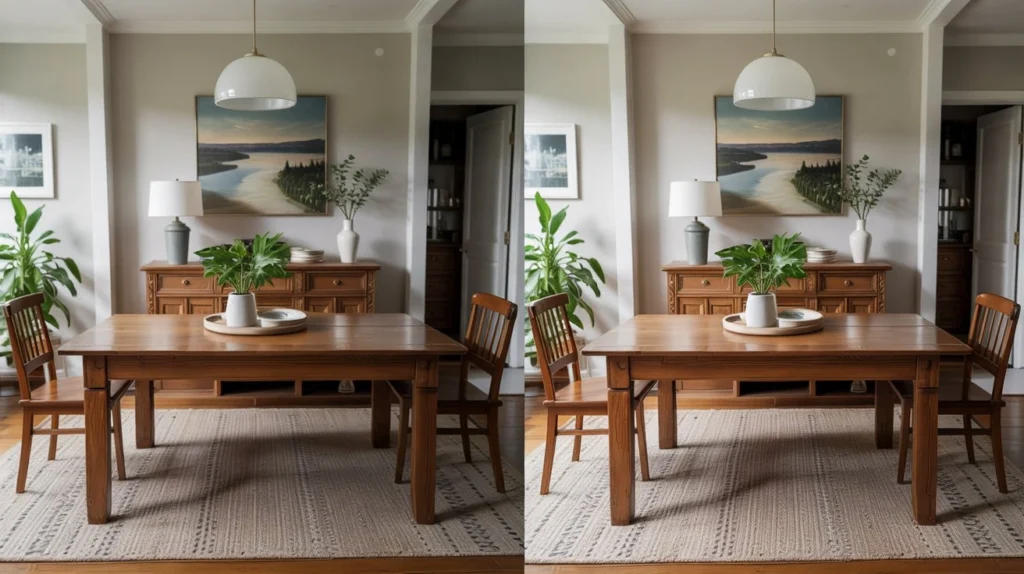 Before and after comparison of a wood table refinished without stripping.