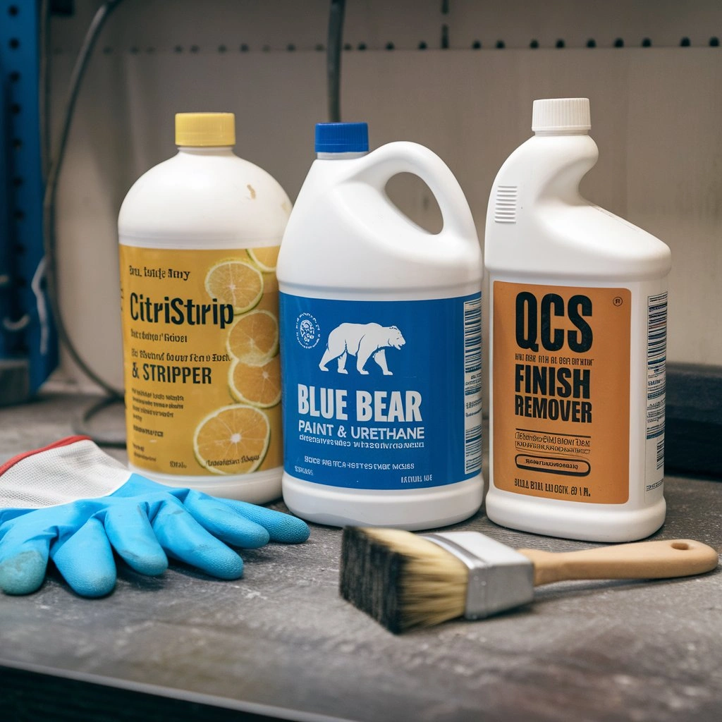 Safe chemical strippers for wood furniture including Citristrip and QCS Finish Remover.