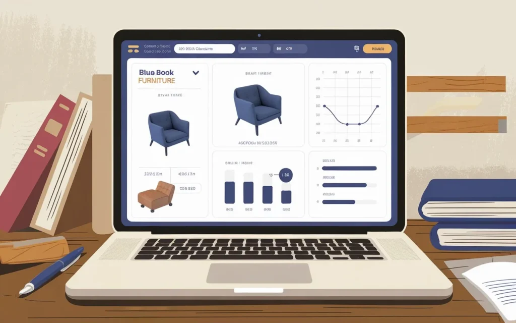 Laptop showing blue book furniture calculator for estimating used furniture value