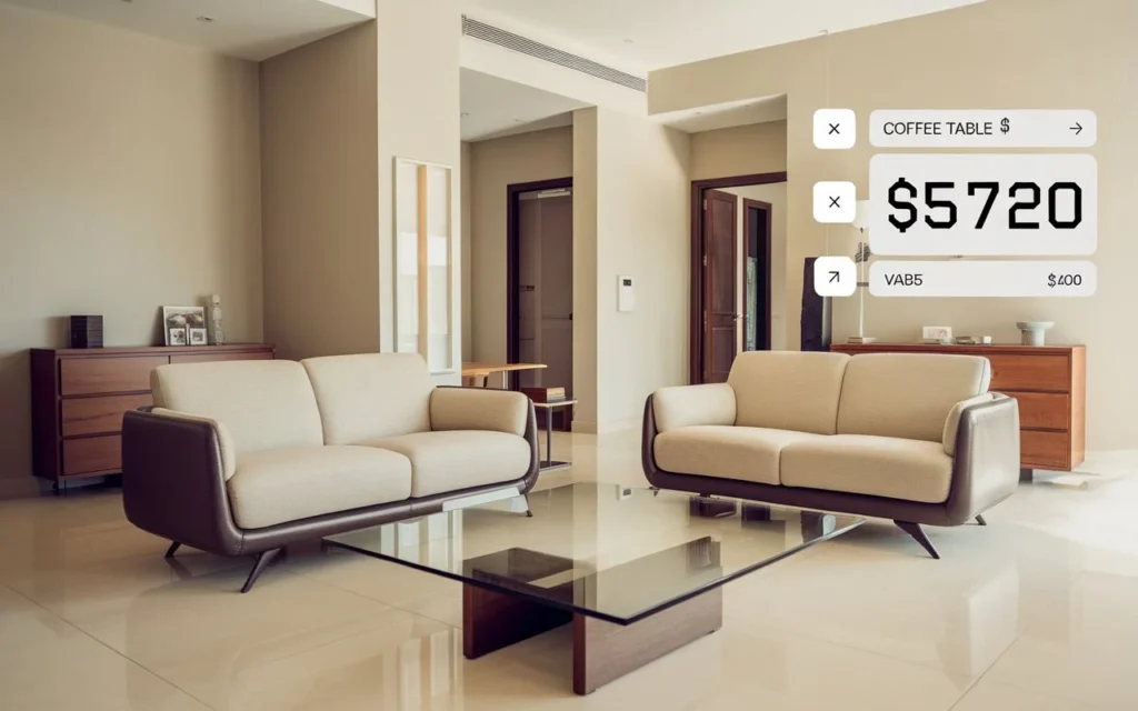 Modern living room with sofa and dresser showing blue book furniture calculator value