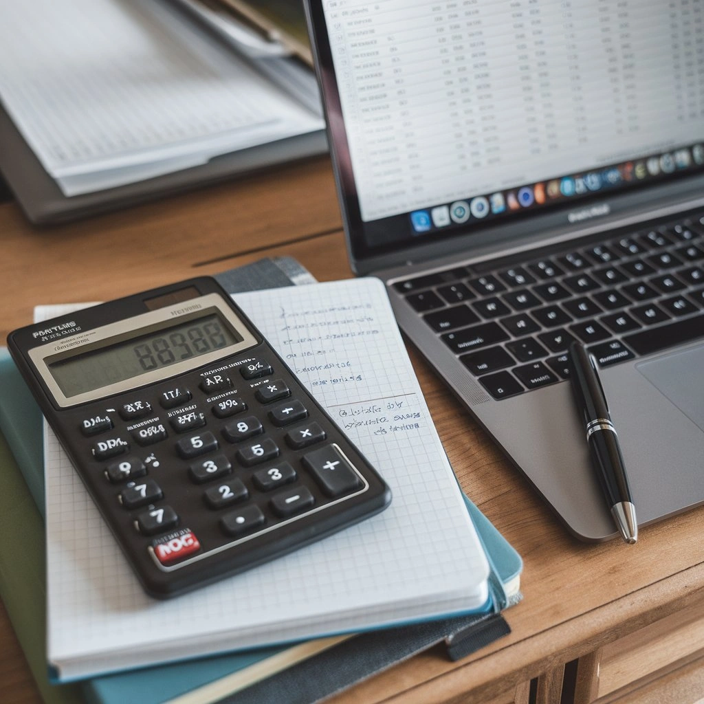 Calculator and laptop showing how to calculate hourly rate for furniture refinishing
