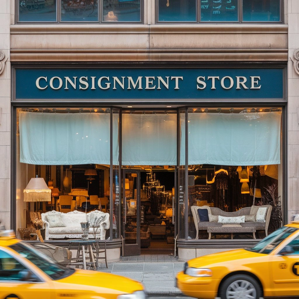 Exterior view of a popular consignment store with furniture in display windows.
