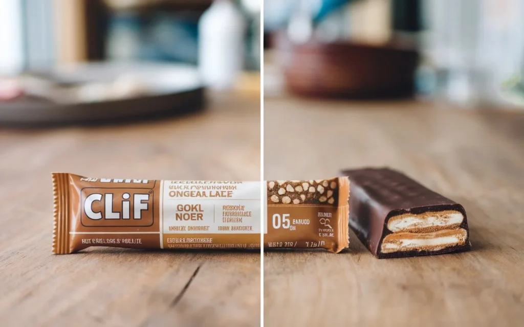 Comparison of a Clif Bar and candy bar showing nutrition differences and sugar content
