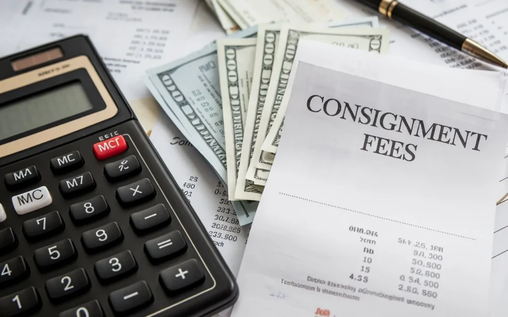 Calculator and receipts showing average consignment store charges.