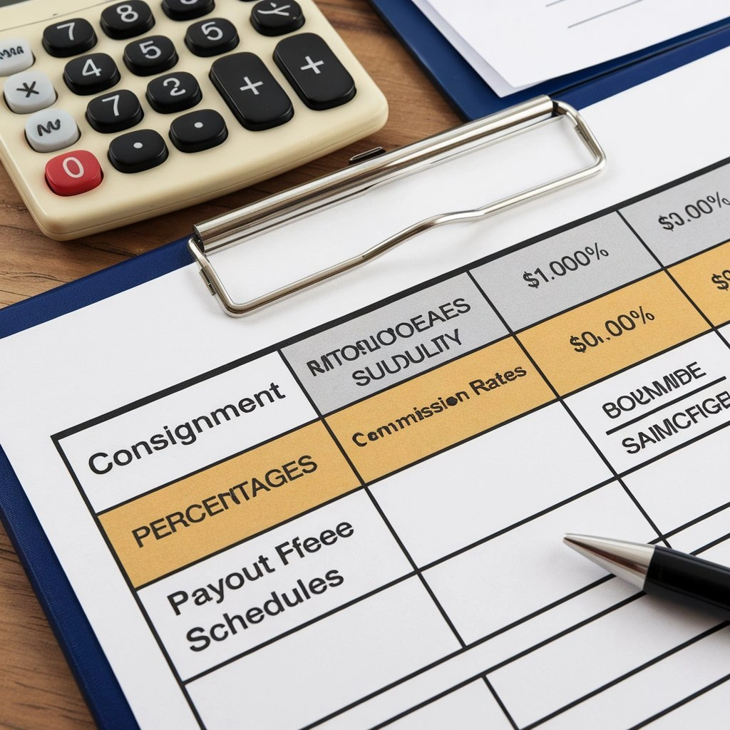 Table of consignment store commission rates and payout schedules with calculator.