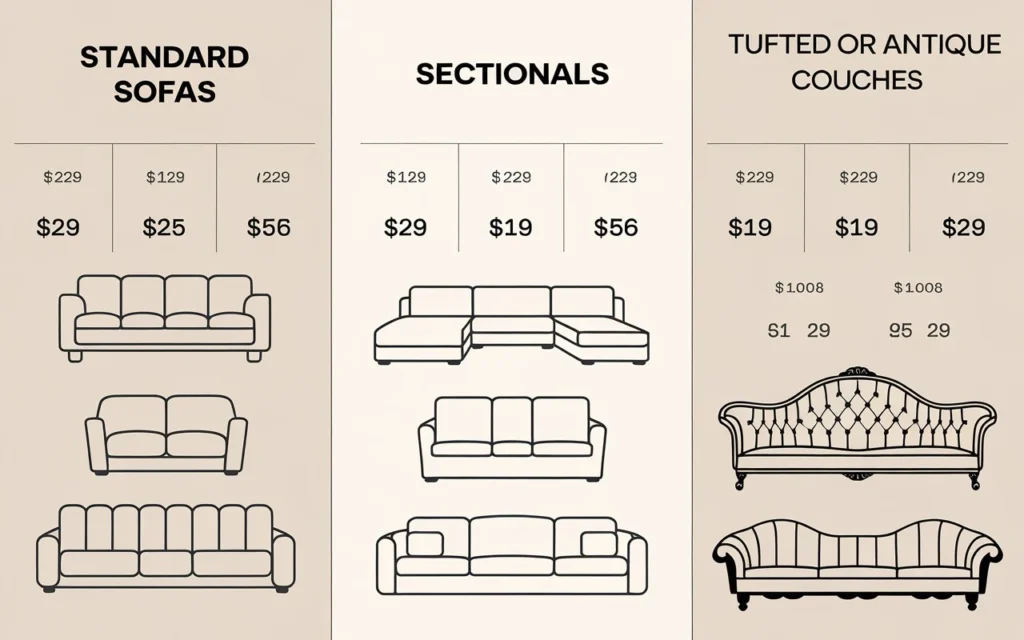 Infographic showing estimated reupholstery costs for standard, sectional, and antique couches.