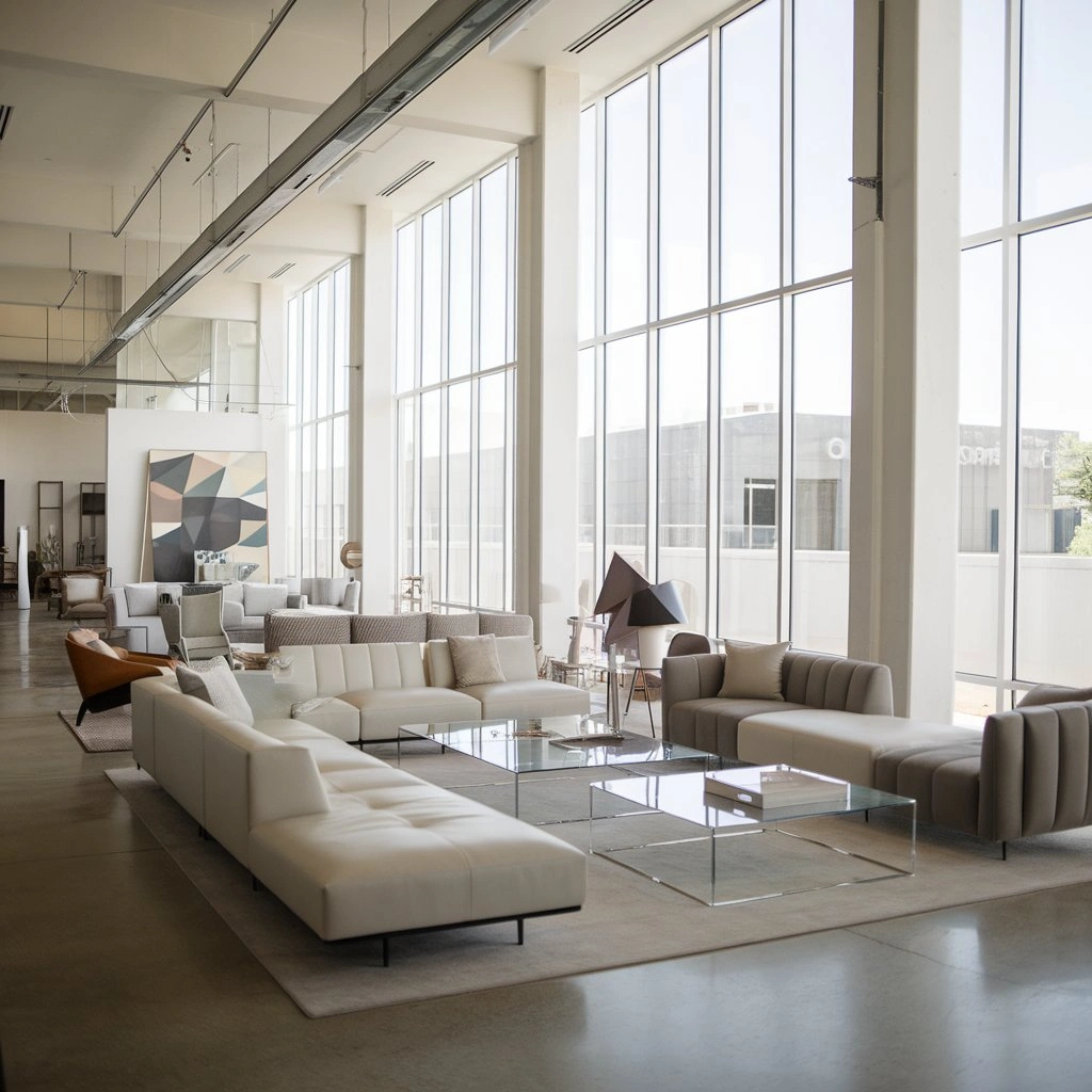 Contemporary furniture showroom in Dallas-Fort Worth featuring modern sectional sofas, minimalist design and sleek home furnishings