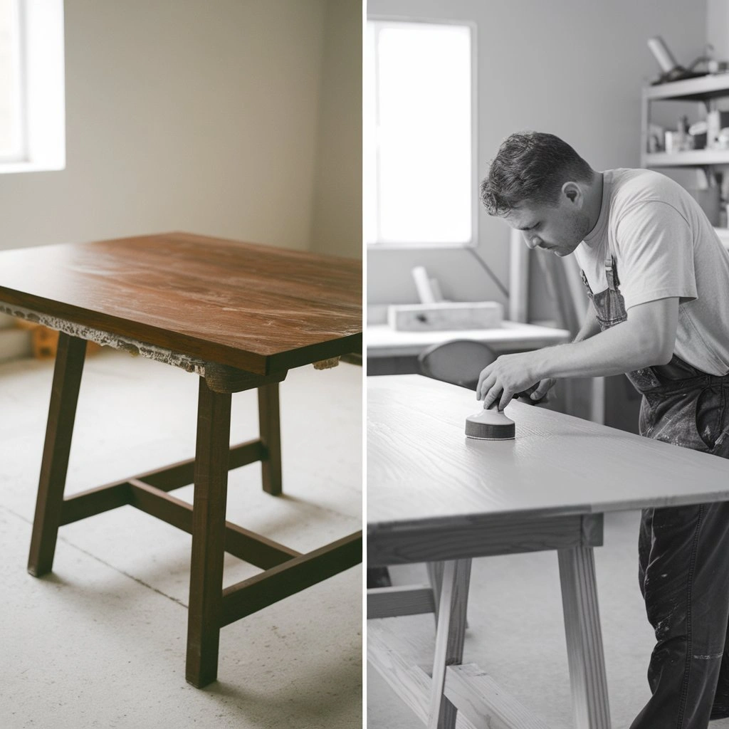 Comparison of DIY and professional furniture refinishing showing cost and quality differences
