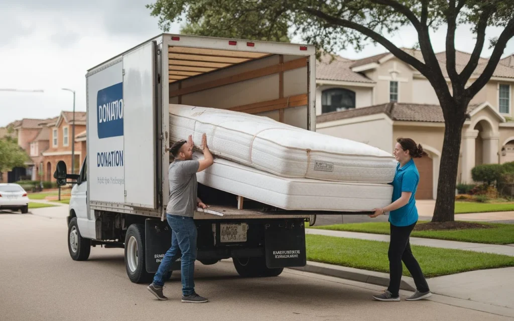 Mattress pickup service in Austin loading a donated mattress.