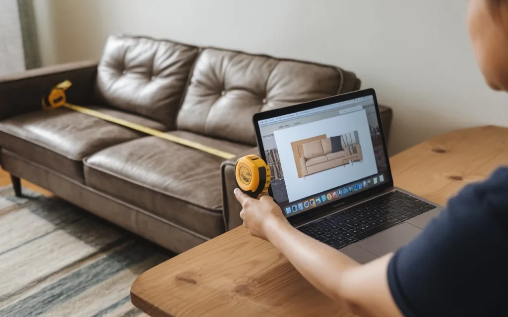 Person calculating used couch value with online furniture calculator