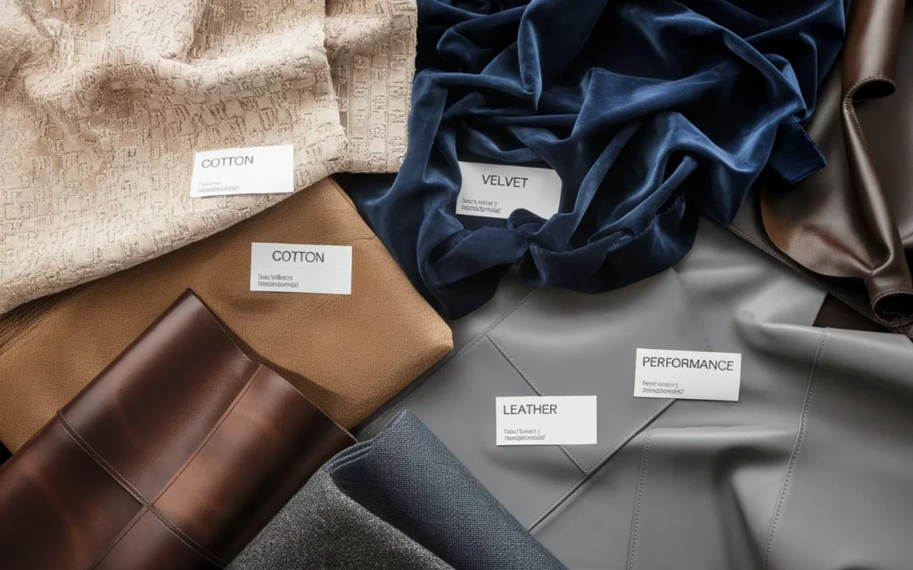Close-up of upholstery fabric samples including cotton, velvet, leather, and durable performance fabrics.