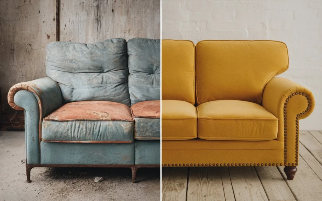 Side-by-side image showing old and new couches with focus on fabric, frame, and padding.