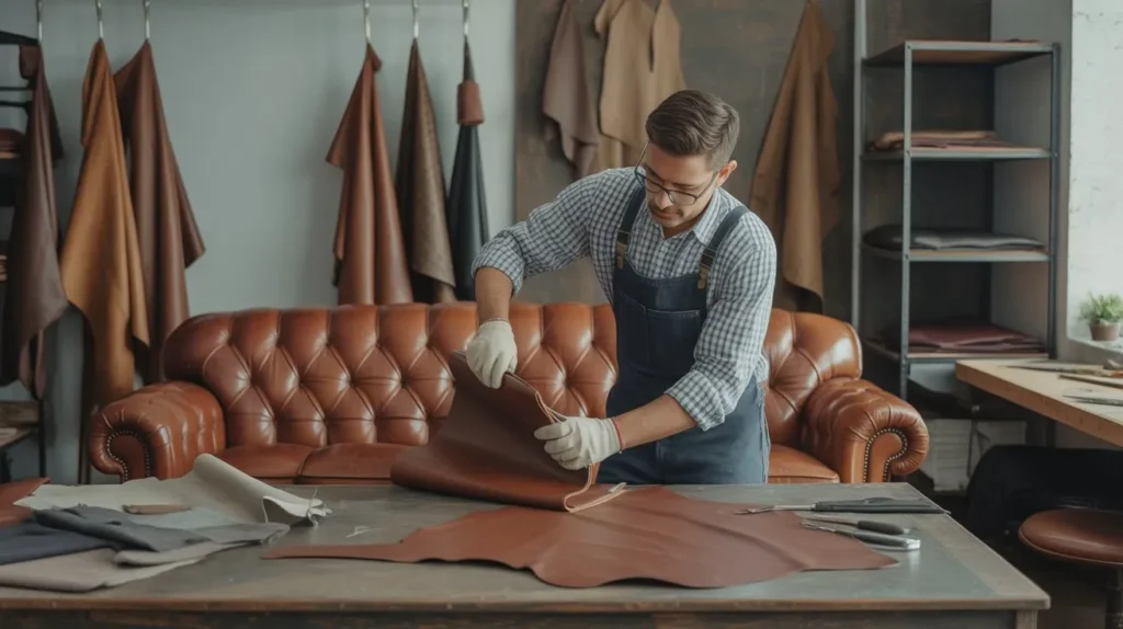 Professional upholsterer working on a brown leather sofa reupholstery project