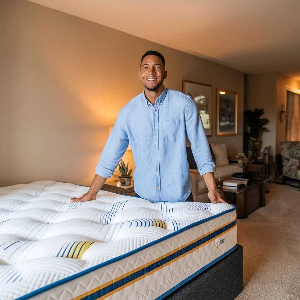 Happy buyer getting a legally sold, clean used mattress