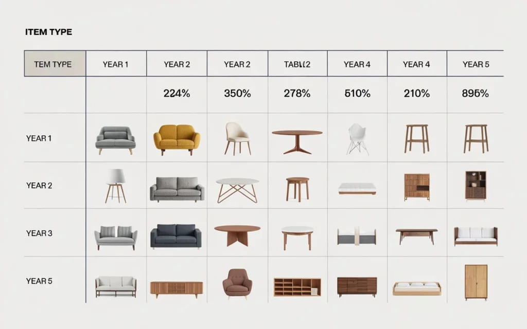 Table of furniture depreciation rates and formula for calculating resale value