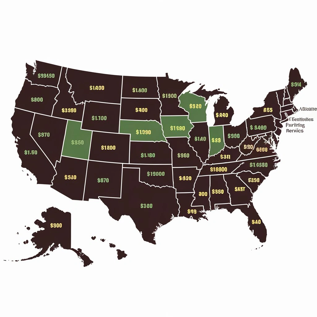 U.S. map showing hourly rates for furniture refinishing across cities and states