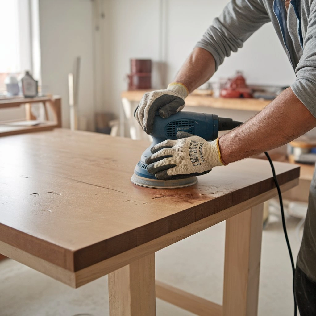 Professional furniture refinisher sanding a wooden table in a workshop
