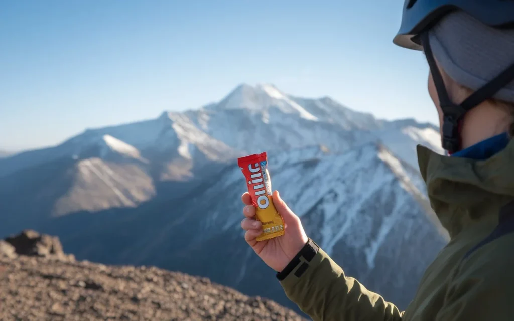 Hiker eating a Clif Bar for energy and muscle recovery during outdoor activity
