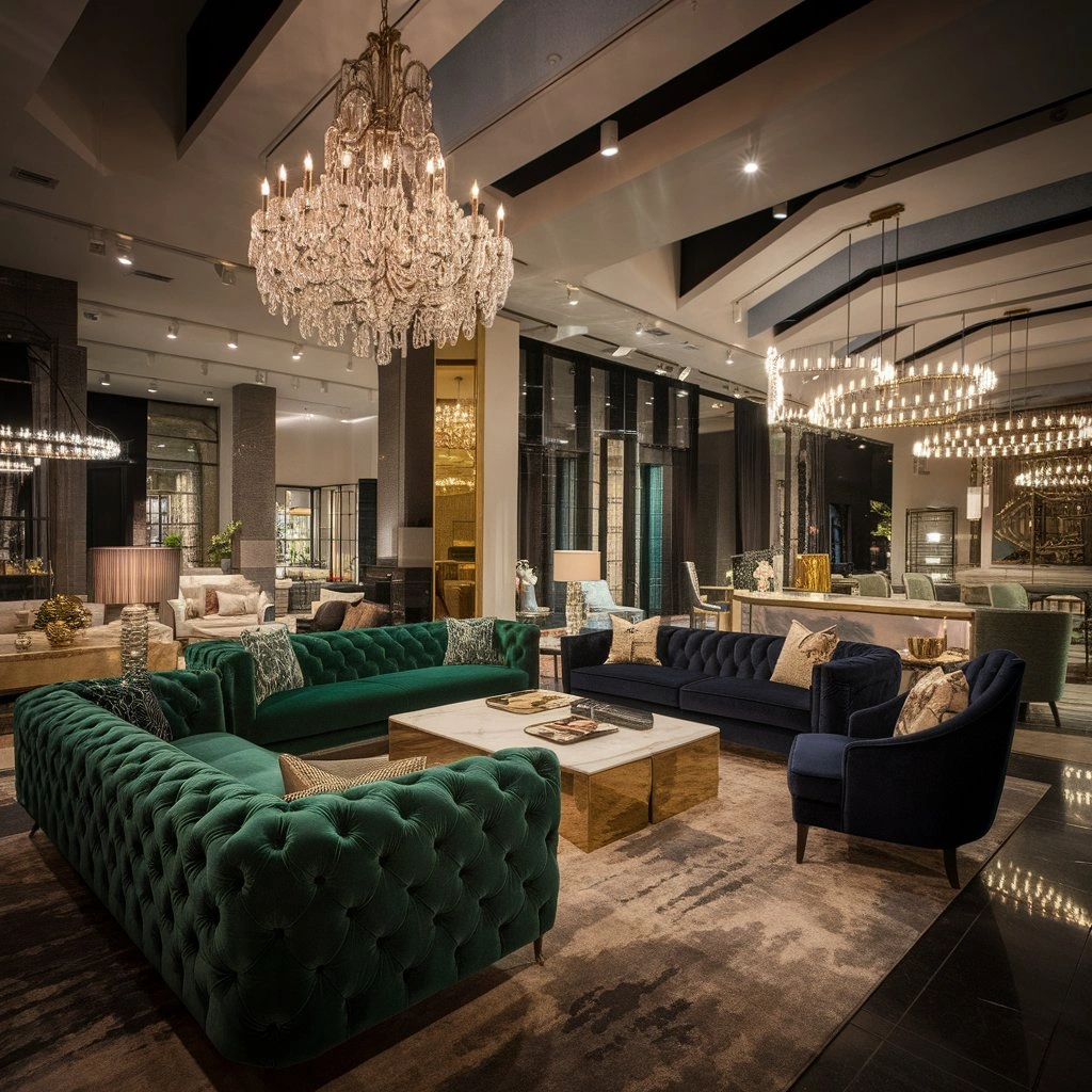 Luxury furniture store in Houston featuring upscale velvet sofas, elegant home furnishings and premium designer pieces