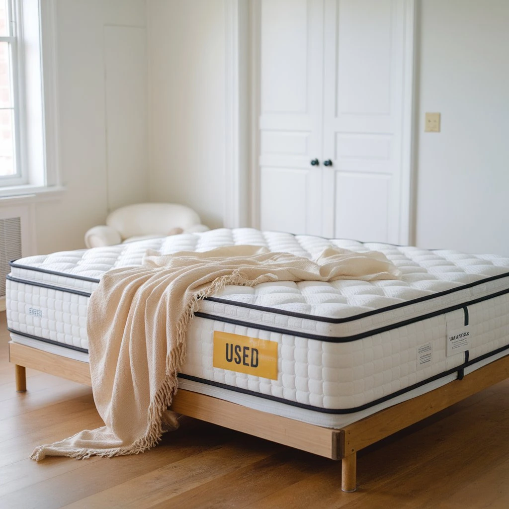 Sanitized used mattress with legal resale tag in a clean room