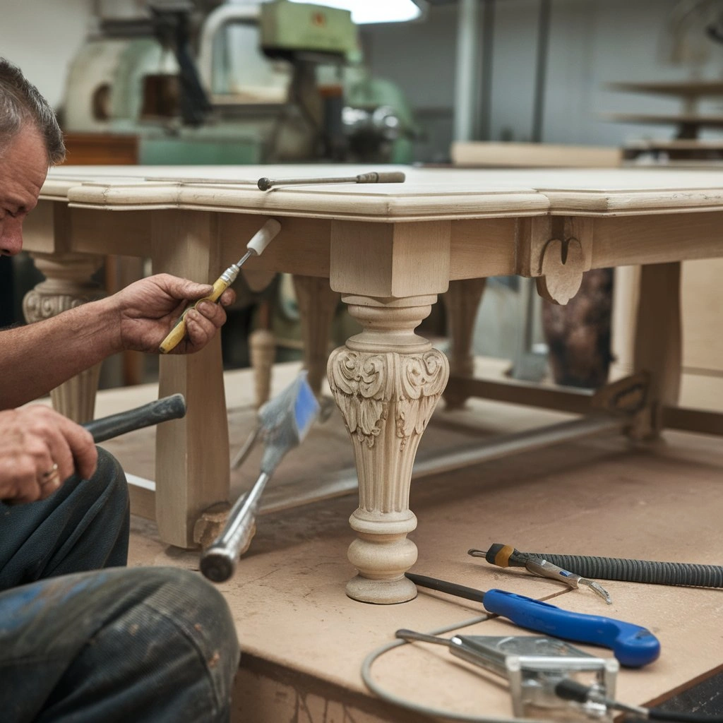 Furniture refinisher working on table with carved legs and leaf extensions