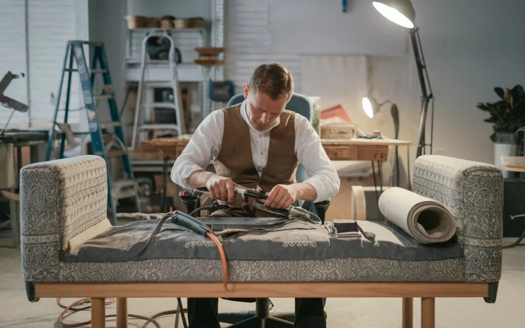 Upholsterer using tools to reupholster a couch, showing detailed craftsmanship.