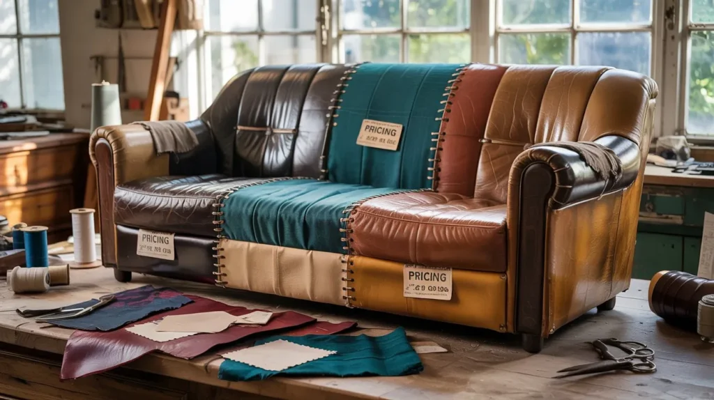 Colorful reupholstered couch with pricing tags
