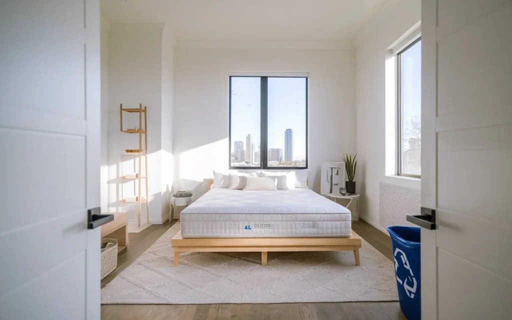 Mattress donation Austin with charity workers loading a mattress for pickup in Austin Texas.