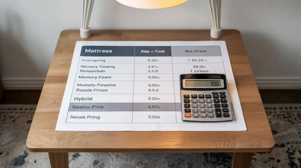 Pricing table showing resale values of different types of used mattresses