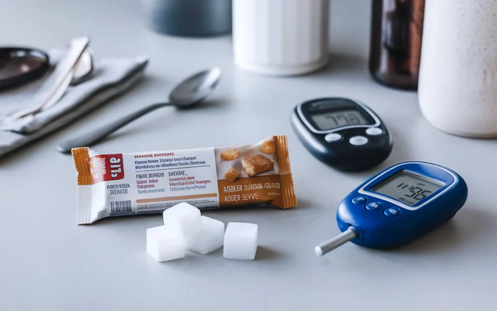 Clif Bar with sugar cubes and blood sugar meter showing high sugar content