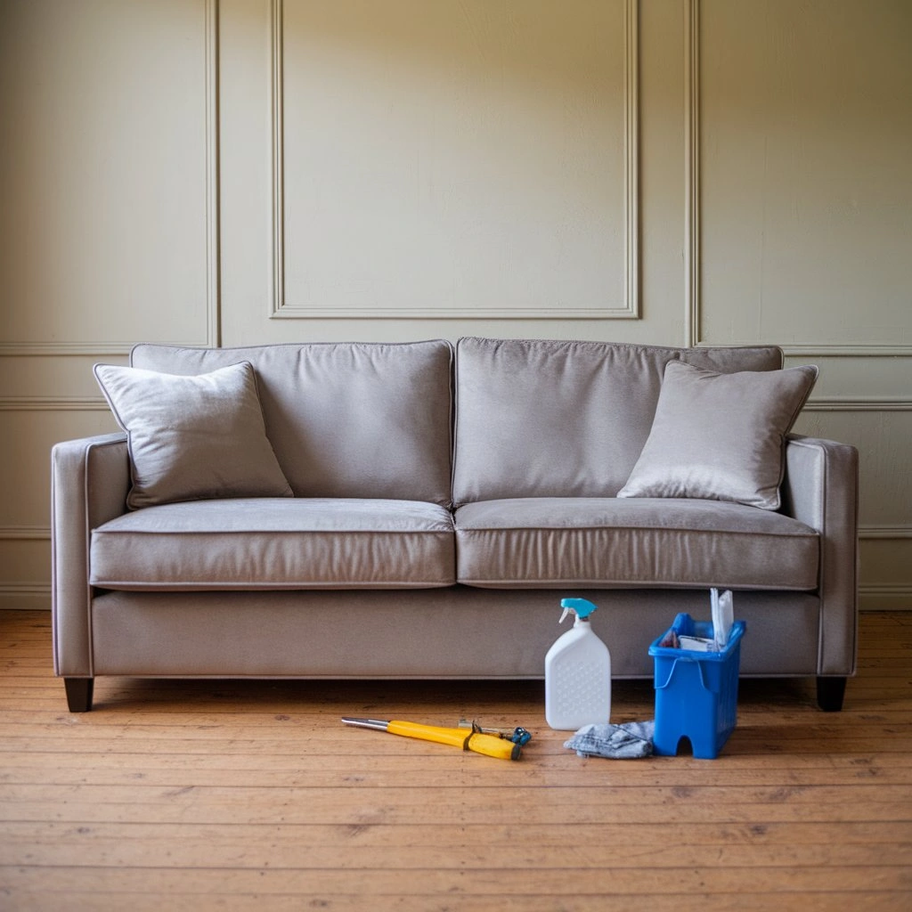 Polished sofa and repair tools ready for consignment.