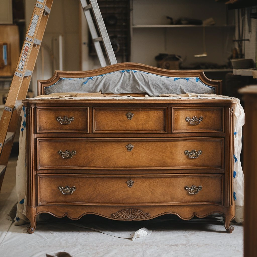Wooden furniture prepped with hardware removed and upholstery protected for stripping.