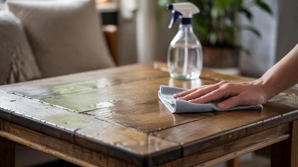 Cleaning and preparing a wooden table before refinishing without stripping.